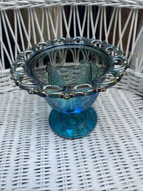 Vintage  Indiana Glass Blue Carnival Glass Pedestal Candy Dish Harvest Grape
